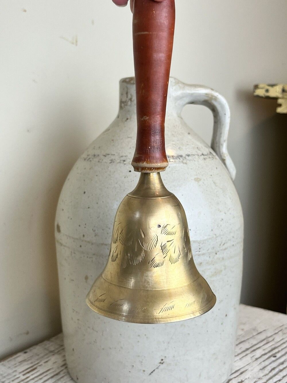 Vintage Charming Etched Floral Brass Bell With Weathered Red Wooden Handle 9”